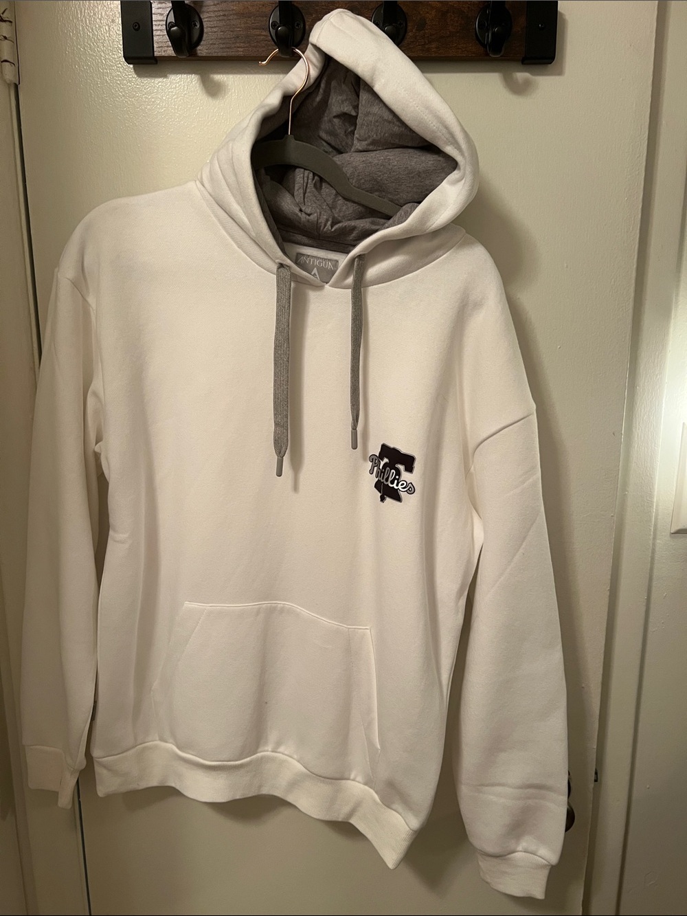 Antigua White Phillies Pullover Hoodie with Gray Lining and Logo